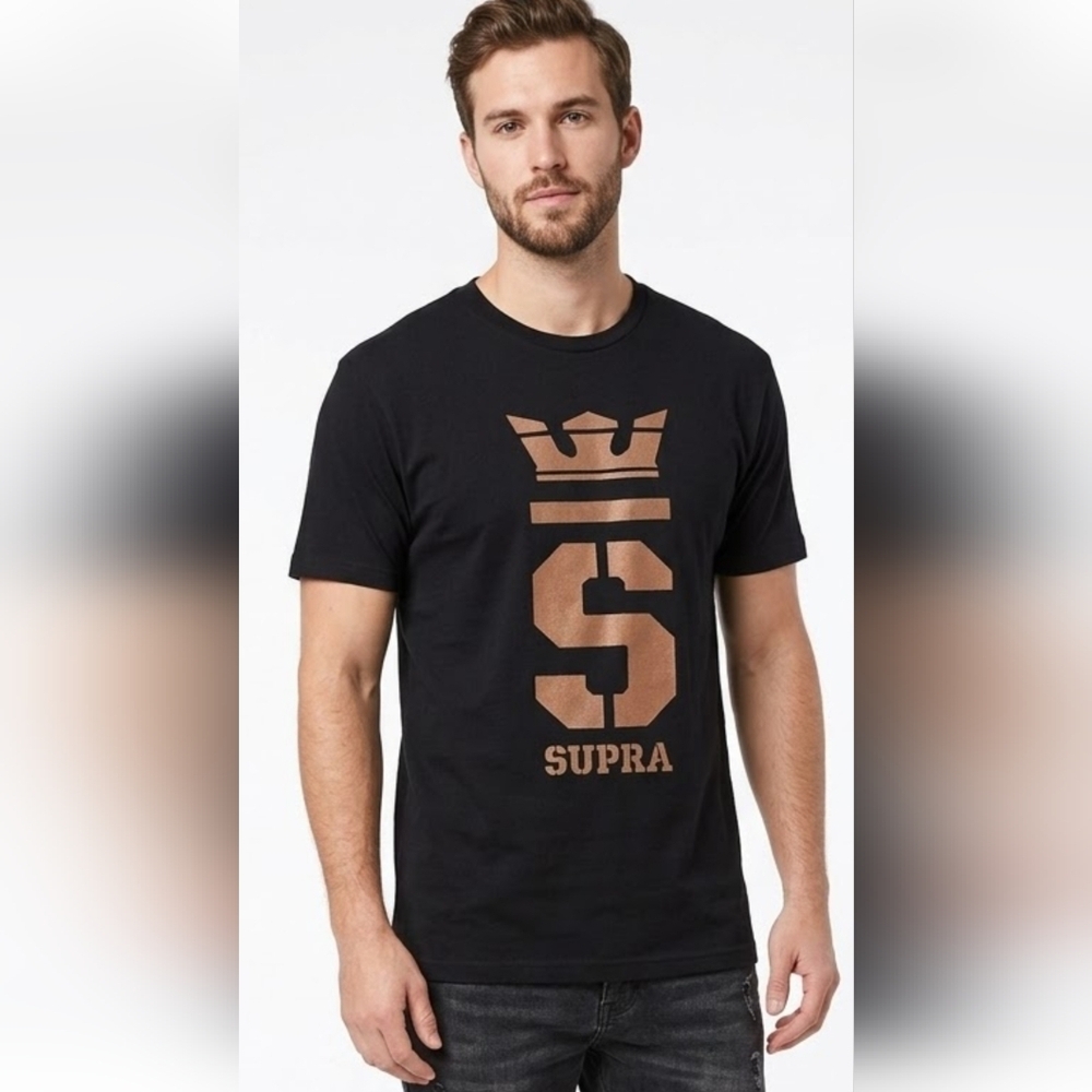 Supra Black Tee with Bronze Logo Graphic Mens Sz M.